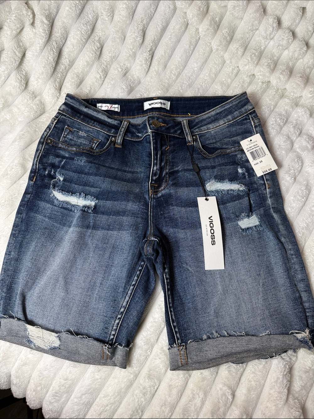 Vigoss Distressed Rolled-Cuff Denim Bermuda Shorts in Dark Blue